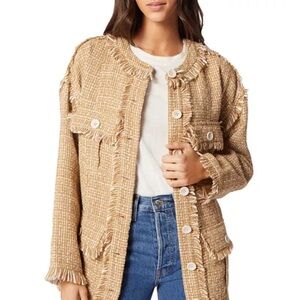 NWT - Joie Morro B Fringe trim relaxed-fit bouclé jacket in Camel Tweed
